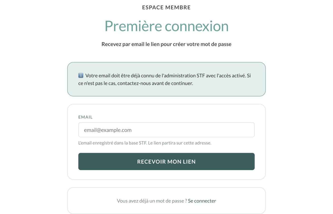 Formulaire « PremiÚre connexion » : un seul champ Email et le bouton « Recevoir mon lien ».