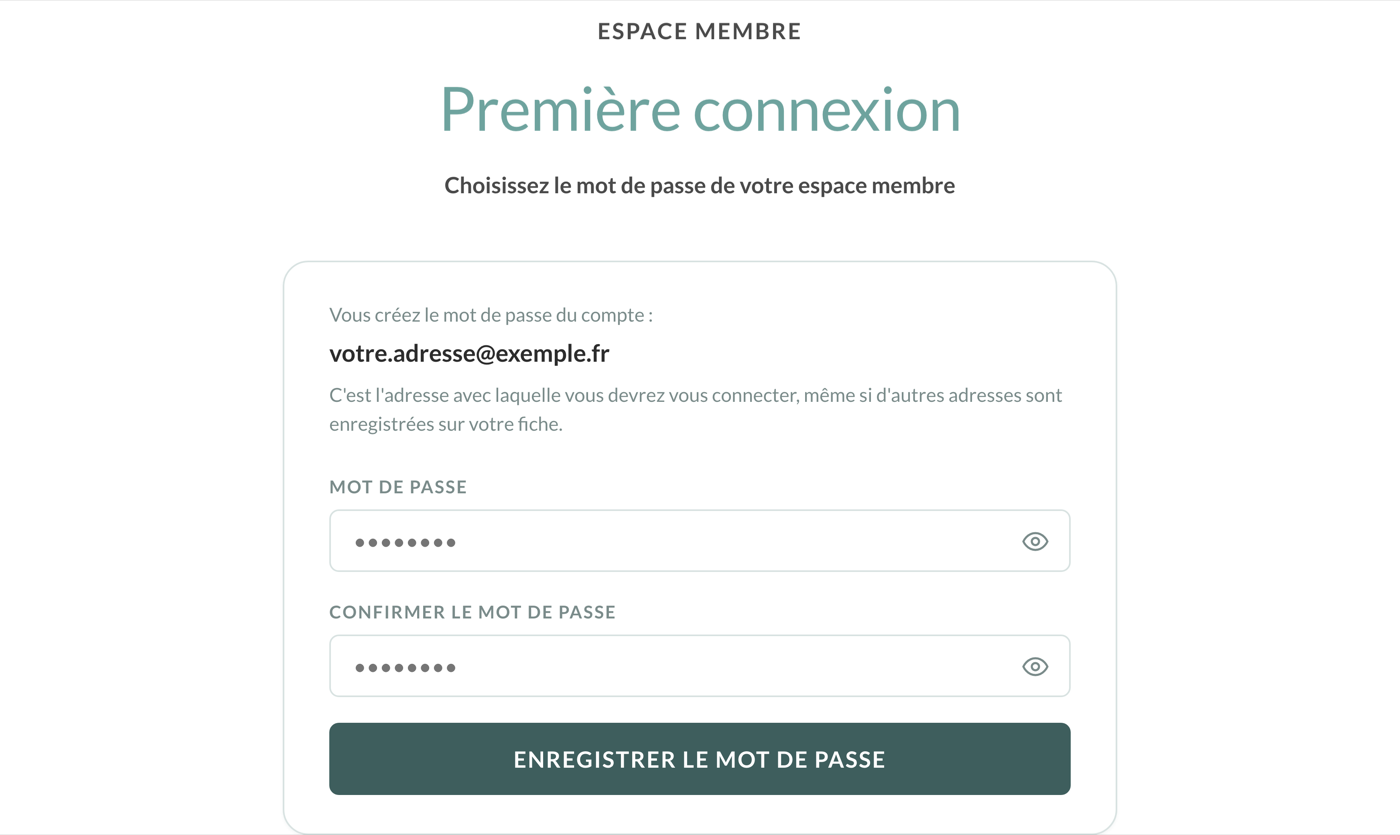 Ăcran de choix du mot de passe : l'adresse du compte, puis les deux champs et le bouton « Enregistrer le mot de passe ».